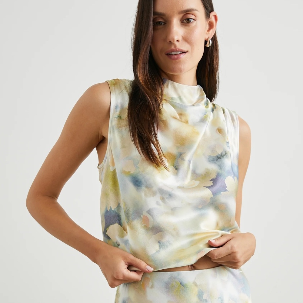 Rails Yellow Purple Floral Silky Cowl Tank Blouse | Size S